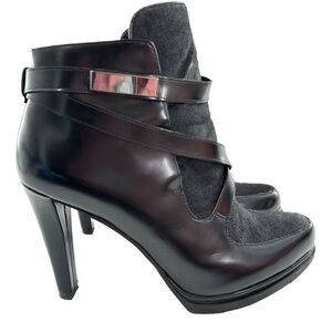 French Connection ankle bootie 41 black patent leather calf hair platform boots